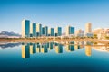 Reflection of the city of Calpe in the water of the natural salt flats of the town made with Generative AI