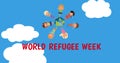 Image of refugee week text over diverse children standing around globe