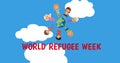 Image of refugee week text over diverse children standing around globe