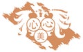 Stylized two headed eagle with three ideograms isolated