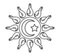 Stylized sun with crescent moon and star, Islam, black and white, isolated. Royalty Free Stock Photo