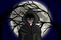 Hooded boy on a full moon night, character, esotericism.