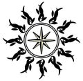 Compass rose in stylized sun, tattoo, black and white, isolated. Royalty Free Stock Photo