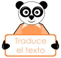 Panda with placard, translate text, spanish, isolated.