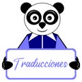 Panda with placard, translations, spanish word, isolated.