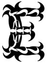 Decorated letter E, Tattoo, black and white, isolated.