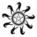Pentacle in stylized sun, tattoo, black and white, isolated. Royalty Free Stock Photo