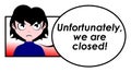 Unfortunately we are closed, girl, comic, cartoon, english, isolated. Royalty Free Stock Photo