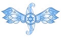 Star of David on winged decoration, Judaism, blue and white, isolated.