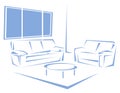 Stylized living room, white and blue, isolated.