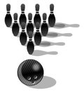 Bowling pins with ball, black and white, isolated, sport.