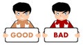 Guys with good and bad sign, english, isolated.