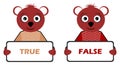 Teddy bears with true and false signs, cartoon, color, isolated.