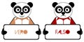 Panda with true and false signs, Pandas, quiz, italian, isolated.