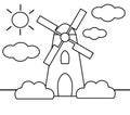 Windmill in a meadow, picture for children to color, black and white.