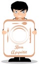 Boy with enjoy your meal sign, french language, isolated.