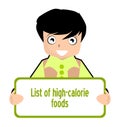 High calorie food list, english, nutrition, boy, isolated.