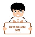 Low calorie food list, english, nutrition, boy, isolated.