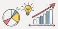 Vector art of pie chart, light bulb, and bar graph showing business growth and success isolated on white background Royalty Free Stock Photo