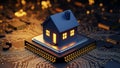 Smart home concept: a house model on a computer chip with glowing windows Royalty Free Stock Photo