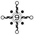 Cross decorated with number nine, 9, black and white, isolated.