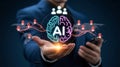 Global Artificial Intelligence AI Network Concept Represented in the Hands of Businessman Royalty Free Stock Photo