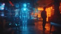 Futuristic digital space showcasing an AI human model. The contrasting neon colors create a dynamic environment. Technology meets Royalty Free Stock Photo