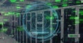 Image of retina eye scanner, binary coding and social media icons against computer server room