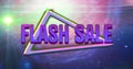 Image of retro flash sale purple text with neon triangles on glowing pink to purple background