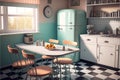 Image of retro kitchen and dining table interiors, created using generative ai technology Royalty Free Stock Photo