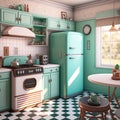 Image of retro kitchen and dining table interiors, created using generative ai technology Royalty Free Stock Photo