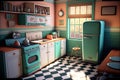 Image of retro kitchen interiors, fridge and dining table, created using generative ai technology Royalty Free Stock Photo
