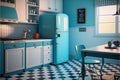 Image of retro kitchen interiors, fridge and dining table, created using generative ai technology Royalty Free Stock Photo