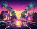 Retro night city street with palm trees and neon lights.