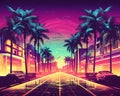 Retro night city street with palm trees and neon lights.