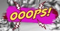 Image of retro oops text in yellow letters over pink paint stroke in background