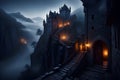 a dream castle, standing tall and proud at the steep summit of a mountain, embraced by the enchanting cloak of the night