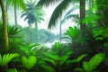 A dense jungle with lush vegetation and large river generated by ai