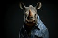 Image of of a rhinoceros dressed in jeans shirts on clean background. Fashion, Wildlife Animals, Generative AI, Illustration