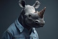 Image of of a rhinoceros dressed in jeans shirts on clean background. Fashion, Wildlife Animals, Generative AI, Illustration