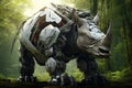 Image of rhinoceros electronic gundam robot technology in the forest. Wildlife Animals. Generative AI. Illustration