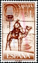 Image of a rider sitting on a camel in the arid desert, a microphone with waves represents communication