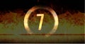 Image of ring and glowing number seven in dramatic countdown over flaming fire background