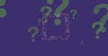 Image of rising green question marks and colourful patterned frame on purple background