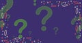 Image of rising green question marks and colourful patterned frame on purple background