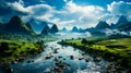 Image of river running through lush green valley. Generative AI Royalty Free Stock Photo