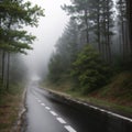 Road in foggy forest in rainy day in spring. Beautiful mountain curved roadway, trees with green foliage in Royalty Free Stock Photo