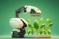 An image of robot with plants growing on it. Generative AI Royalty Free Stock Photo