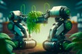 An image of robot with plants growing out of it. Generative AI Royalty Free Stock Photo