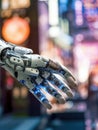 Image of a robotic hand in front of a city